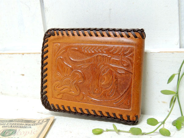 牛&花柄・型押し・レザー製・ヴィンテージ・ウォレット・2つ折り財布・レザー小物・革