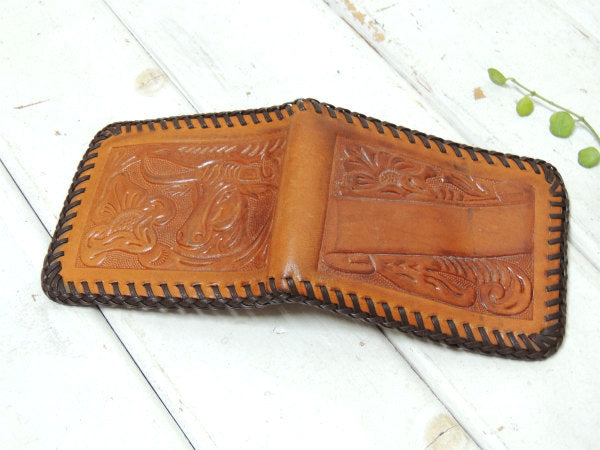 牛&花柄・型押し・レザー製・ヴィンテージ・ウォレット・2つ折り財布・レザー小物・革