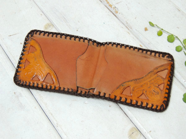 牛&花柄・型押し・レザー製・ヴィンテージ・ウォレット・2つ折り財布・レザー小物・革