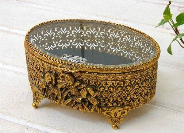 【Stylebuilt】ベベルガラス・24K・オーバル型・脚付きアンティーク・ジュエリーボックス