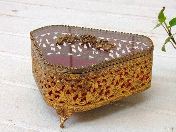 薔薇モチーフ・ベベルガラス・脚付きアンティーク・ジュエリーボックス/宝石箱 USA