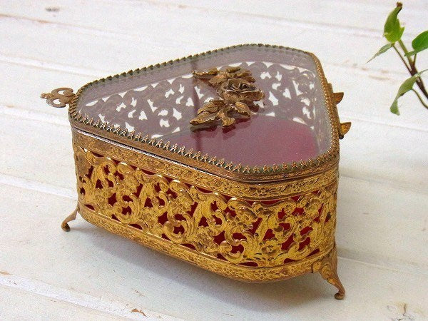 薔薇モチーフ・ベベルガラス・脚付きアンティーク・ジュエリーボックス/宝石箱 USA