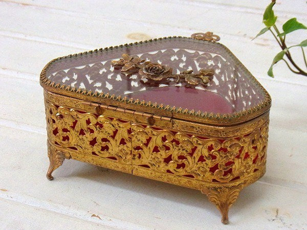 薔薇モチーフ・ベベルガラス・脚付きアンティーク・ジュエリーボックス/宝石箱 USA