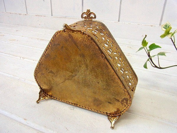 薔薇モチーフ・ベベルガラス・脚付きアンティーク・ジュエリーボックス/宝石箱 USA