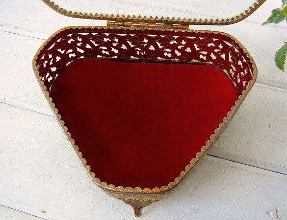 薔薇モチーフ・ベベルガラス・脚付きアンティーク・ジュエリーボックス/宝石箱 USA