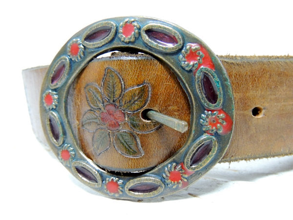 フラワー型押しデザイン・革製・70'sヴィンテージ・レザーベルト・古着 USA