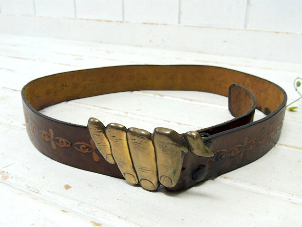 【BARON BUCKLE】フィンガーバックル・真鍮製・70'sヴィンテージ・レザーベルト・古着