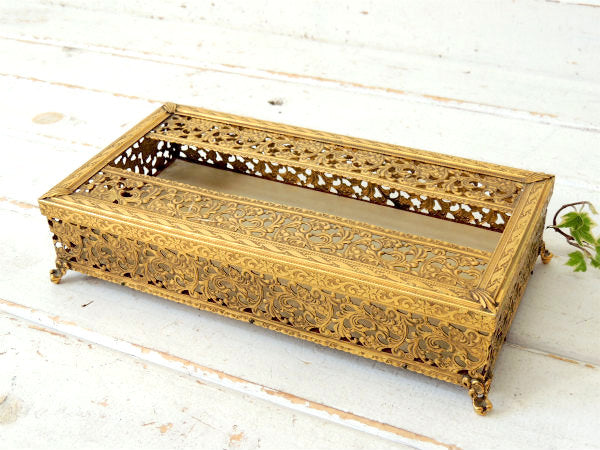 花柄・透かしデザイン・ゴールドトーン・脚付きヴィンテージ・ティッシュケース・ボックス・グラマラス