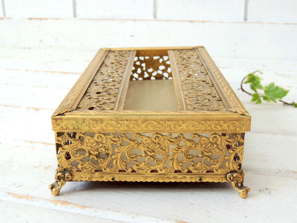 花柄・透かしデザイン・ゴールドトーン・脚付きヴィンテージ・ティッシュケース・ボックス・グラマラス