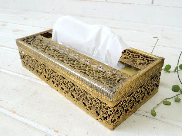 花柄・透かしデザイン・ゴールド色・ヴィンテージ・ティッシュケース・ティッシュボックス