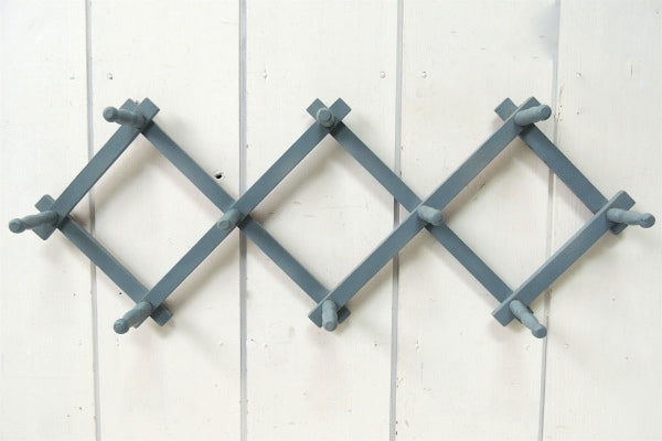 【水色グレー】木製・ジャバラ式・壁掛けヴィンテージ・ハットラック/コートフック USA