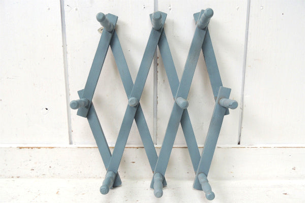 【水色グレー】木製・ジャバラ式・壁掛けヴィンテージ・ハットラック/コートフック USA