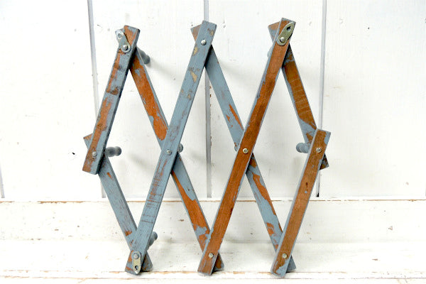 【水色グレー】木製・ジャバラ式・壁掛けヴィンテージ・ハットラック/コートフック USA