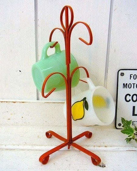 オレンジ色・ヴィンテージ・アイアン製・マグツリー/マグカップホルダー(4脚用)