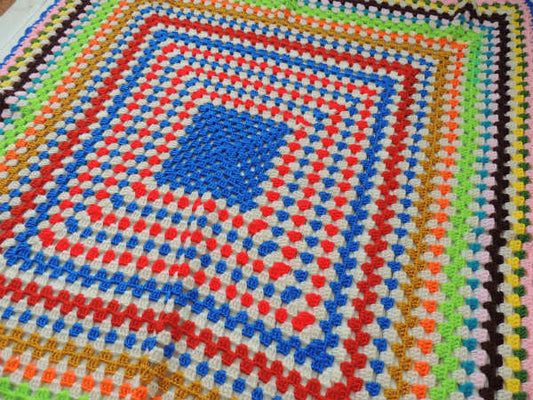 USA!カラフルな手編みニットのヴィンテージ・ブランケット/ひざ掛け/こたつカバー