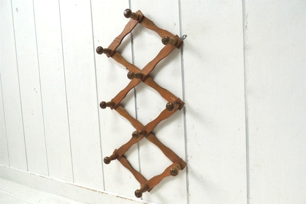 【可愛いウッドデザイン】古い木製のジャバラ式・アンティーク・ハットラック/コートフック USA