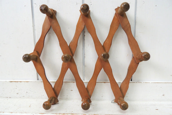 【可愛いウッドデザイン】古い木製のジャバラ式・アンティーク・ハットラック/コートフック USA