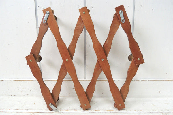 【可愛いウッドデザイン】古い木製のジャバラ式・アンティーク・ハットラック/コートフック USA