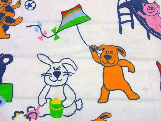 犬・ネコ・うさぎ・ブタ・動物柄・ヴィンテージ・USEDフラットシーツ(1/2) USA