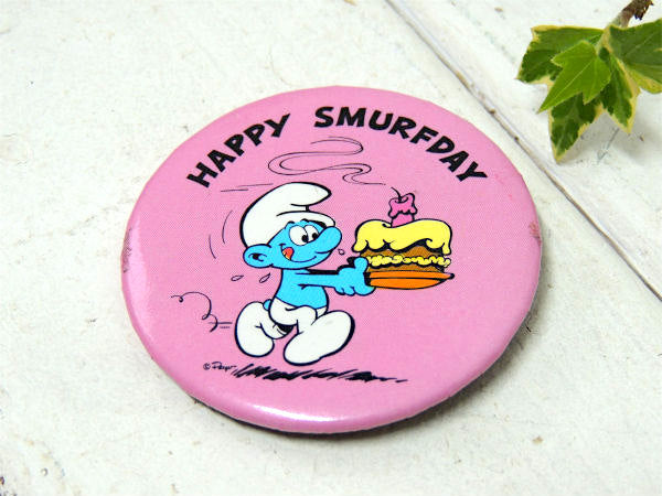 1980s・スマーフ・SMURF・HAPPY SMURFDAY・ケーキ柄・ヴィンテージ・缶バッジ
