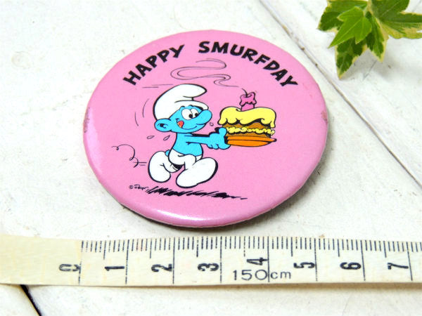 1980s・スマーフ・SMURF・HAPPY SMURFDAY・ケーキ柄・ヴィンテージ・缶バッジ