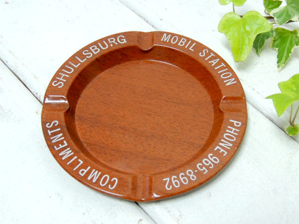 USA・MOBIL STATION・ウッド柄・ビンテージ・アドバタイジング・灰皿・ブリキ・ガレージ