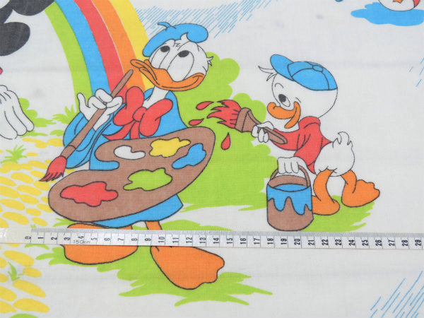 【ミッキー&フレンズ】ディズニー・レインボー柄・フラットタイプ・ヴィンテージ・ユーズドシーツ USA