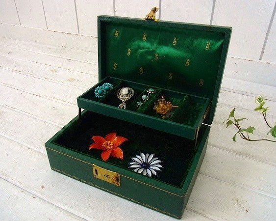 シークレット収納付き・緑色・アンティーク・ジュエリーボックス/ジュエリーケース/宝石箱 USA