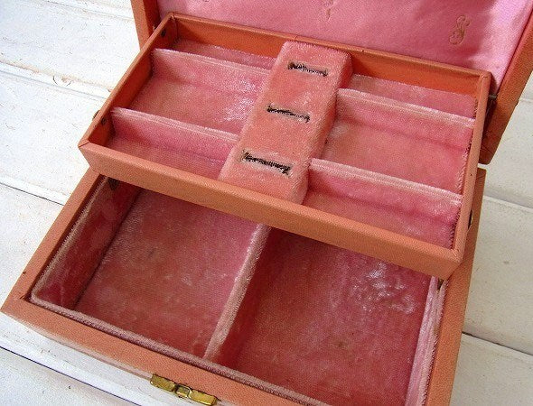 【Mele】サーモンピンク色・小さなアンティーク・ジュエリーボックス/ジュエリーケース/宝石箱