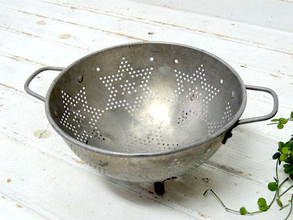 【★星モチーフ】アルミ製・ハンドル&脚付き・アンティーク・コランダー/水切りボウル USA