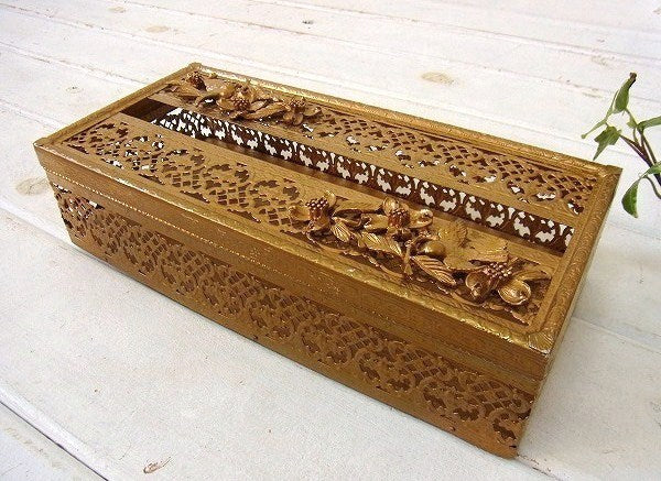 お花&鳥モチーフ・ゴールド色・ヴィンテージ・ティッシュケース/ティッシュボックス USA