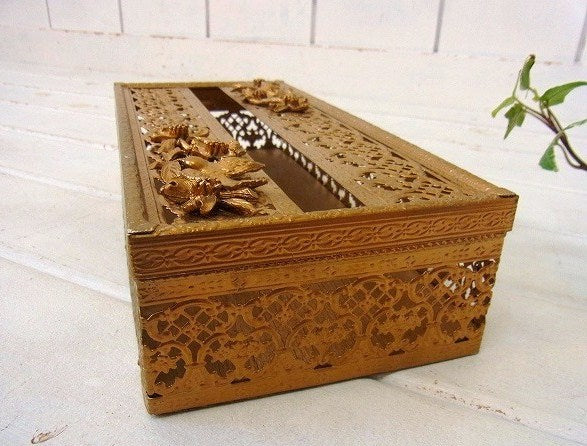 お花&鳥モチーフ・ゴールド色・ヴィンテージ・ティッシュケース/ティッシュボックス USA