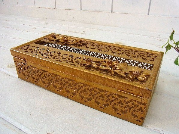 お花&鳥モチーフ・ゴールド色・ヴィンテージ・ティッシュケース/ティッシュボックス USA