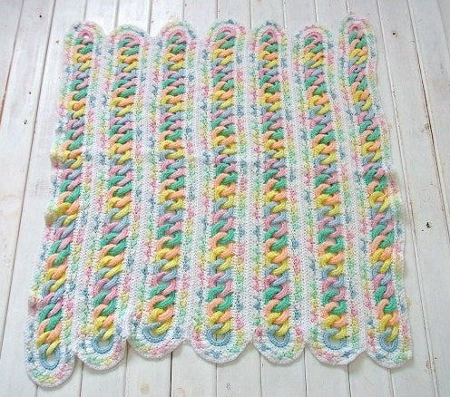 立体リング編み・パステルカラー・ハンドメイド・ヴィンテージ・ニッブランケット/ひざ掛け USA