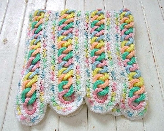 立体リング編み・パステルカラー・ハンドメイド・ヴィンテージ・ニッブランケット/ひざ掛け USA