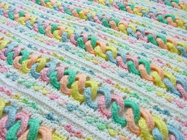 立体リング編み・パステルカラー・ハンドメイド・ヴィンテージ・ニッブランケット/ひざ掛け USA