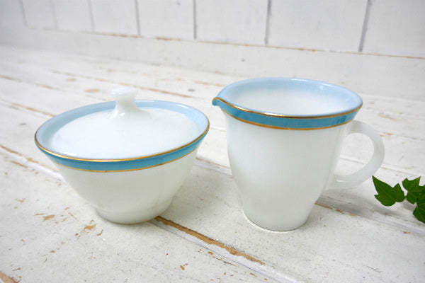 【PYREX】オールドパイレックス・ブルー&ゴールド・ストライプ・60's・シュガー&クリーマー