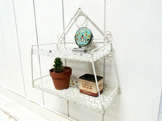 US 幾何学模様 ミッドセンチュリー・ホワイト・ビンテージ・2段 シェルフ・ウォールシェルフ・飾り棚