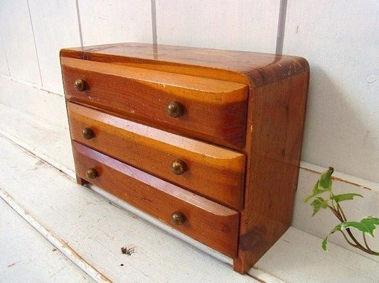 木製の小さなアンティーク・3段・卓上チェスト/引き出し USA