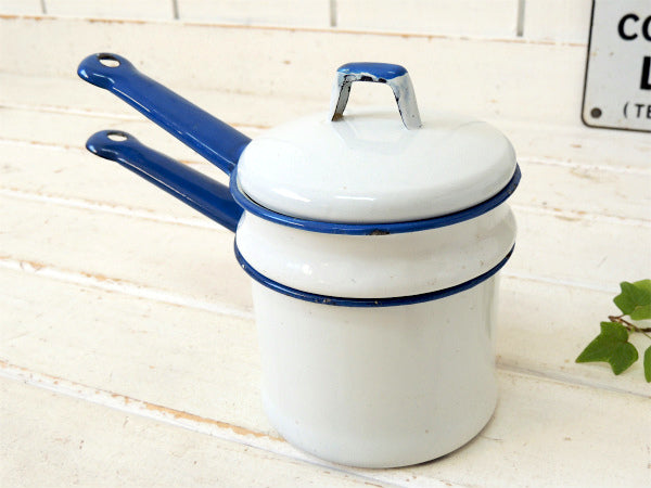 白×青・ホーロー製・2段式・アンティーク・ダブルボイラー　片手鍋　ソースパン USA