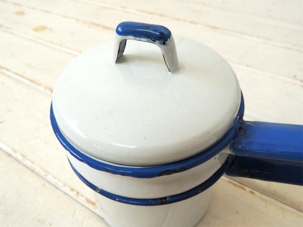 白×青・ホーロー製・2段式・アンティーク・ダブルボイラー　片手鍋　ソースパン USA