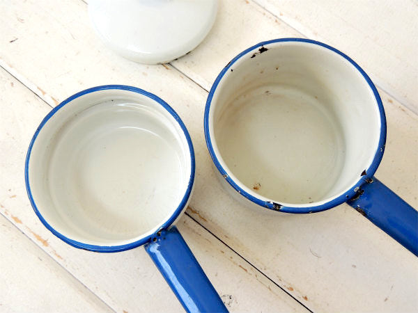 白×青・ホーロー製・2段式・アンティーク・ダブルボイラー　片手鍋　ソースパン USA