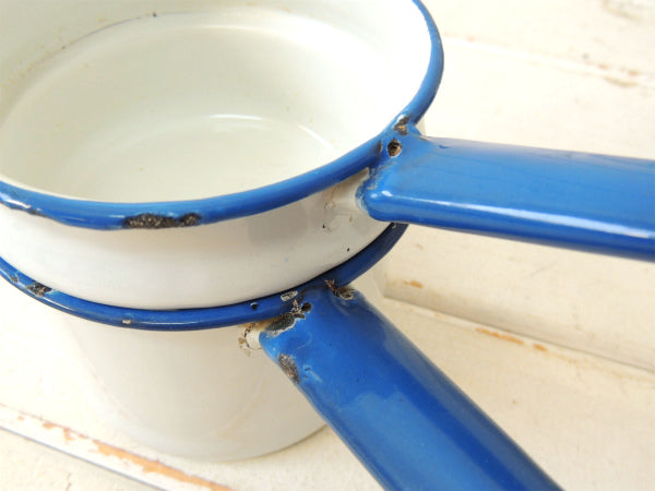 白×青・ホーロー製・2段式・アンティーク・ダブルボイラー　片手鍋　ソースパン USA