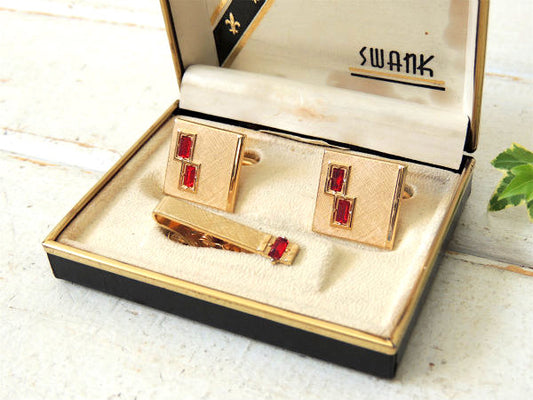 ゴールド×レッド SWANK・スワンク・ビンテージ・タイピン&カフスボタン・ミッドセンチュリー 宝石