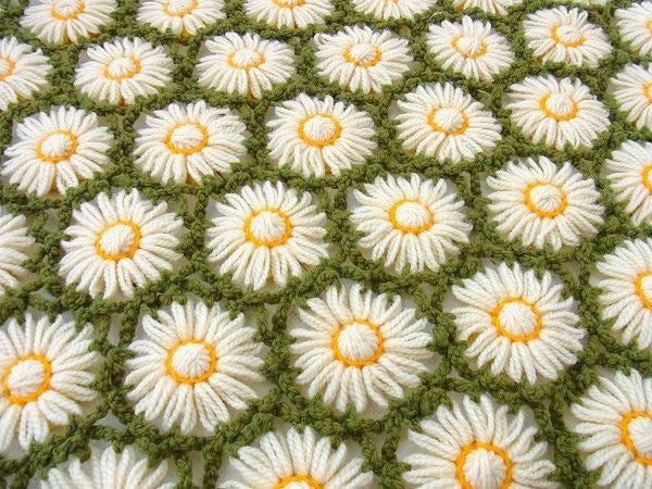 レトロポップな花柄・立体モチーフ編み・ハンドメイド・アンティーク・ニットブランケット USA