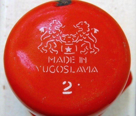 ユーゴスラビア製・赤色の小さなアンティーク・ホーロー・バターメルター/鍋