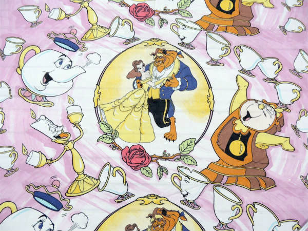 【美女と野獣】USA!ディズニー・大柄プリント・ユーズドシーツ(フラットタイプ)