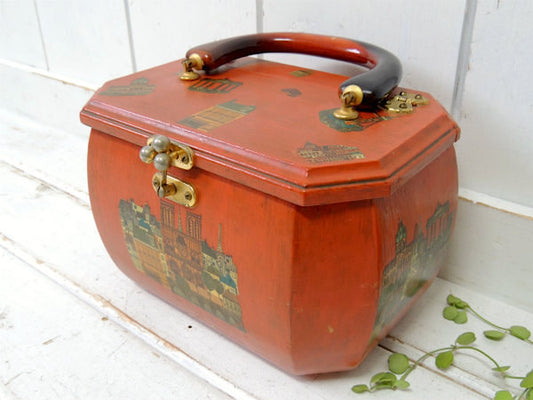 エッフェル塔&ロンドンバス&ノートルダム大聖堂柄・木製・ヴィンテージ・ハンドバッグ/カバン