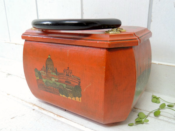 エッフェル塔&ロンドンバス&ノートルダム大聖堂柄・木製・ヴィンテージ・ハンドバッグ/カバン