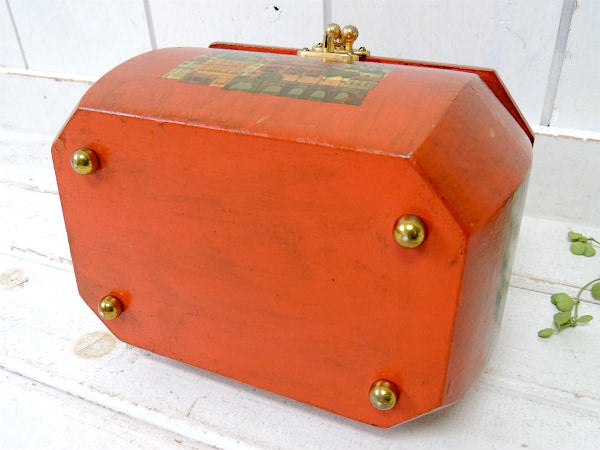 エッフェル塔&ロンドンバス&ノートルダム大聖堂柄・木製・ヴィンテージ・ハンドバッグ/カバン